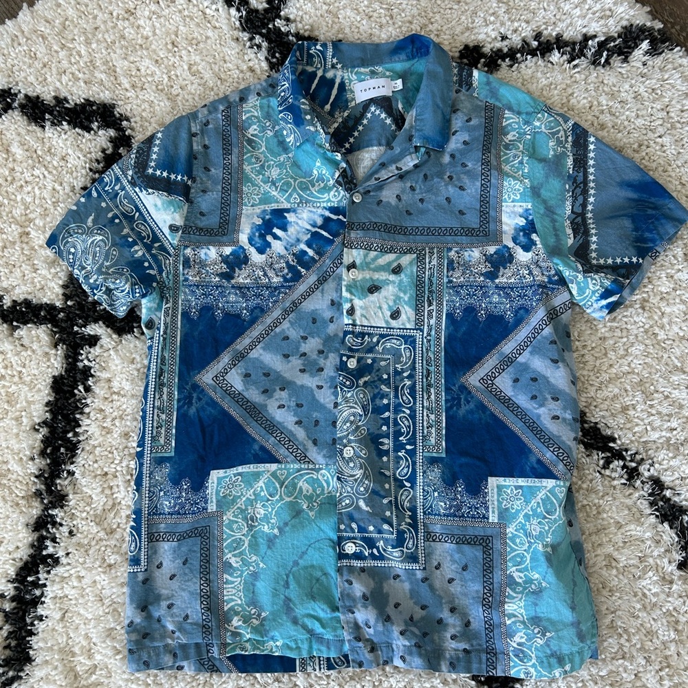 Topman blue bandanna print button up